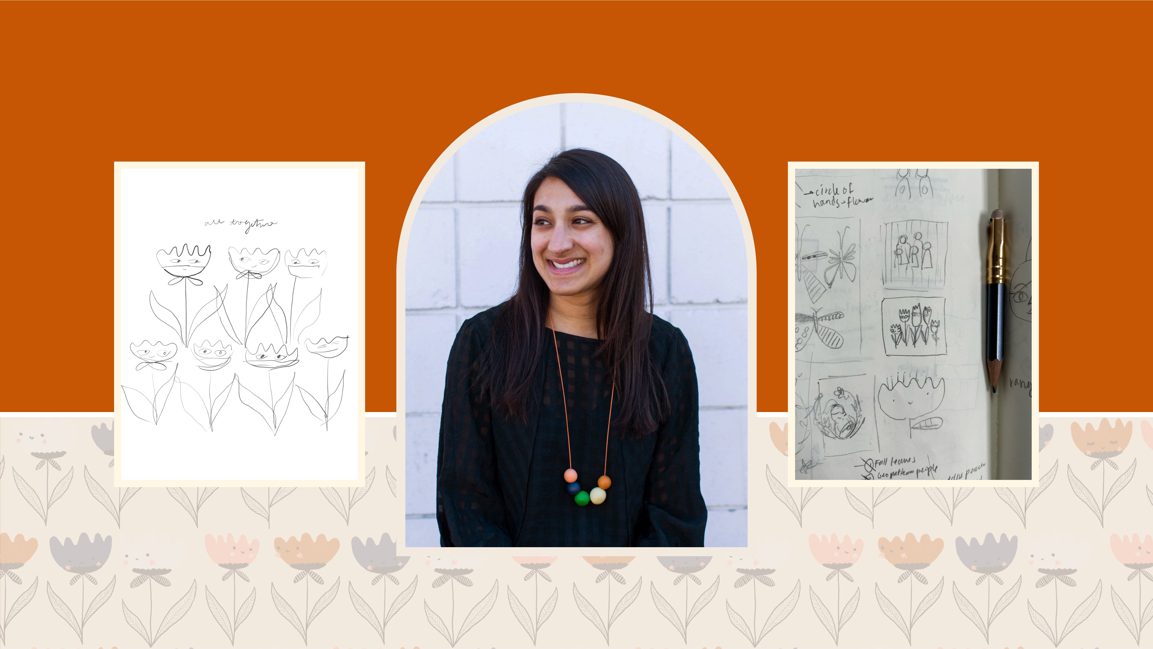 Photo of Meenal Patel with images of Flower Friends sketches on both sides