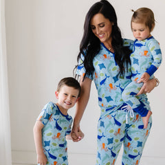 Family matching in women's and children's pajamas in Marine Life print.