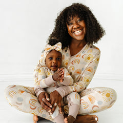 mother and child wearing matching Desert Sunrise pajamas