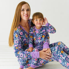 Mother and child wearing matching Dusk Blooms pajama sets