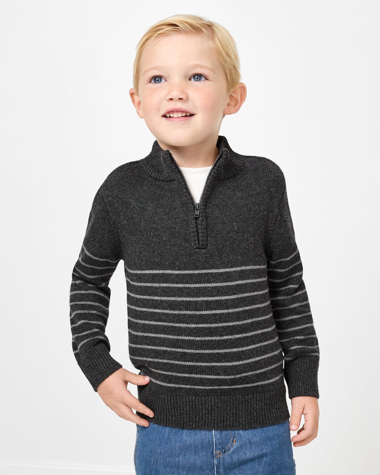 Boy wearing the Charcoal Gray Stripes Quarter Zip Sweater