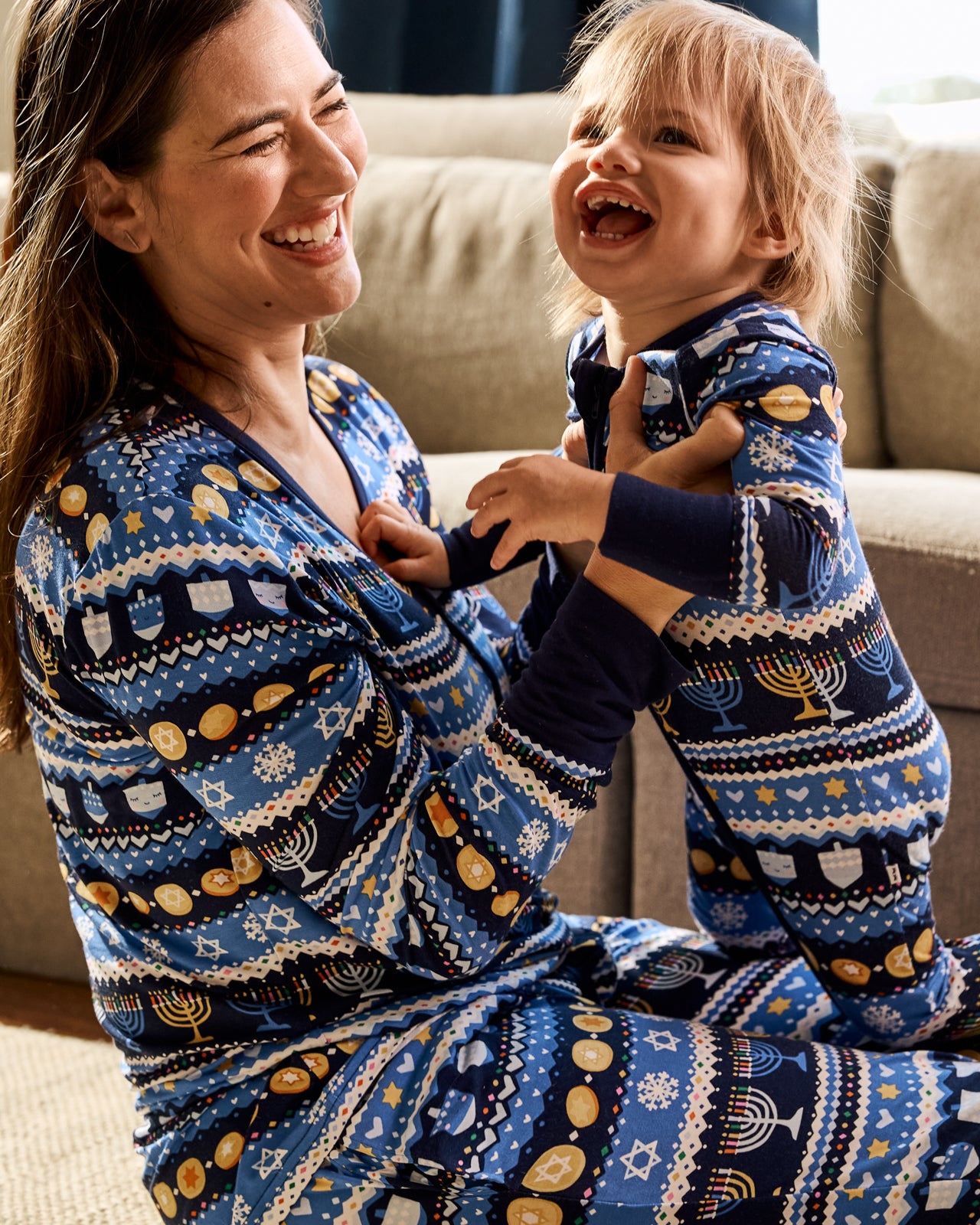Mother and child wearing the matching Hanukkah Fair Isle pajamas
