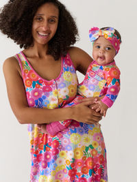 Mommy and Me matching pajamas for Mother's Day in Rainbow Blooms print.