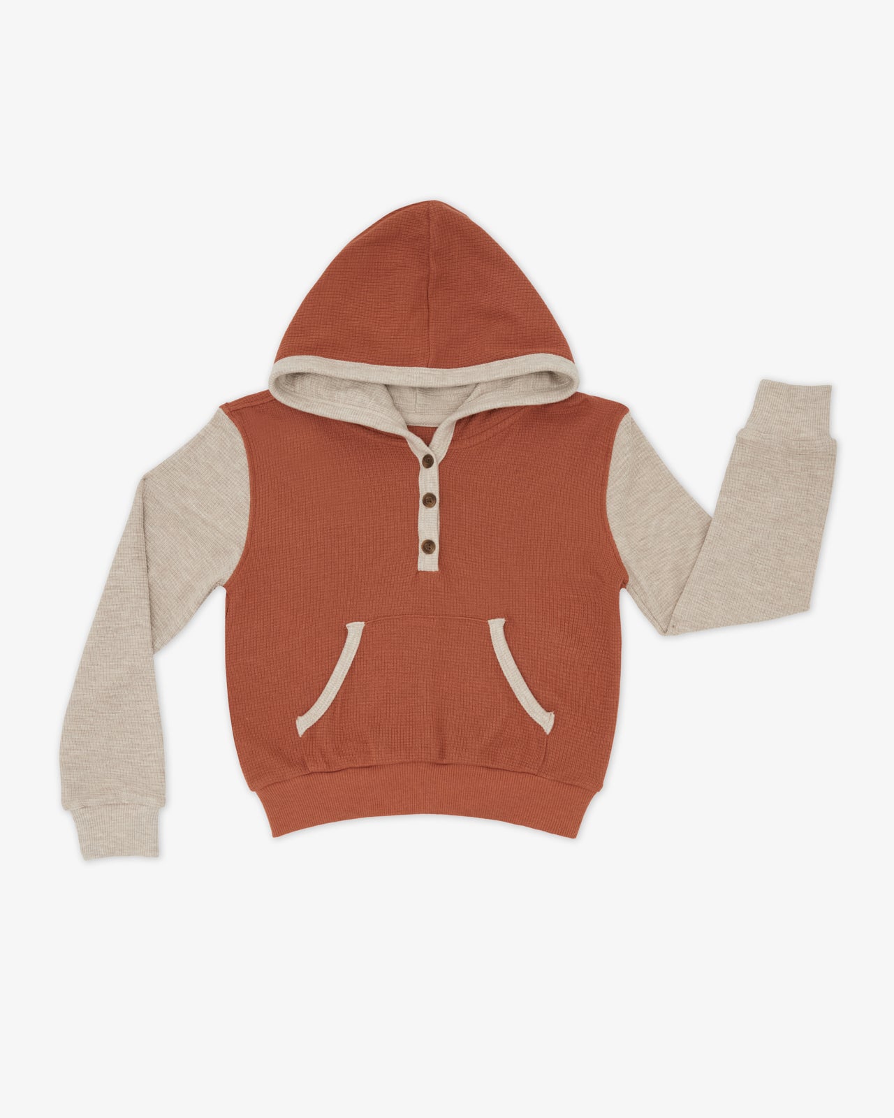 Flat lay of the Autumn Spice Waffle Henley Hoodie
