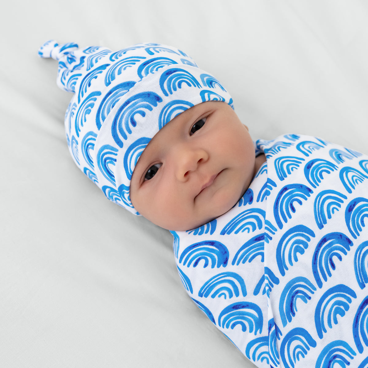 Blue Rainbows Swaddle Hat Set Little Sleepies