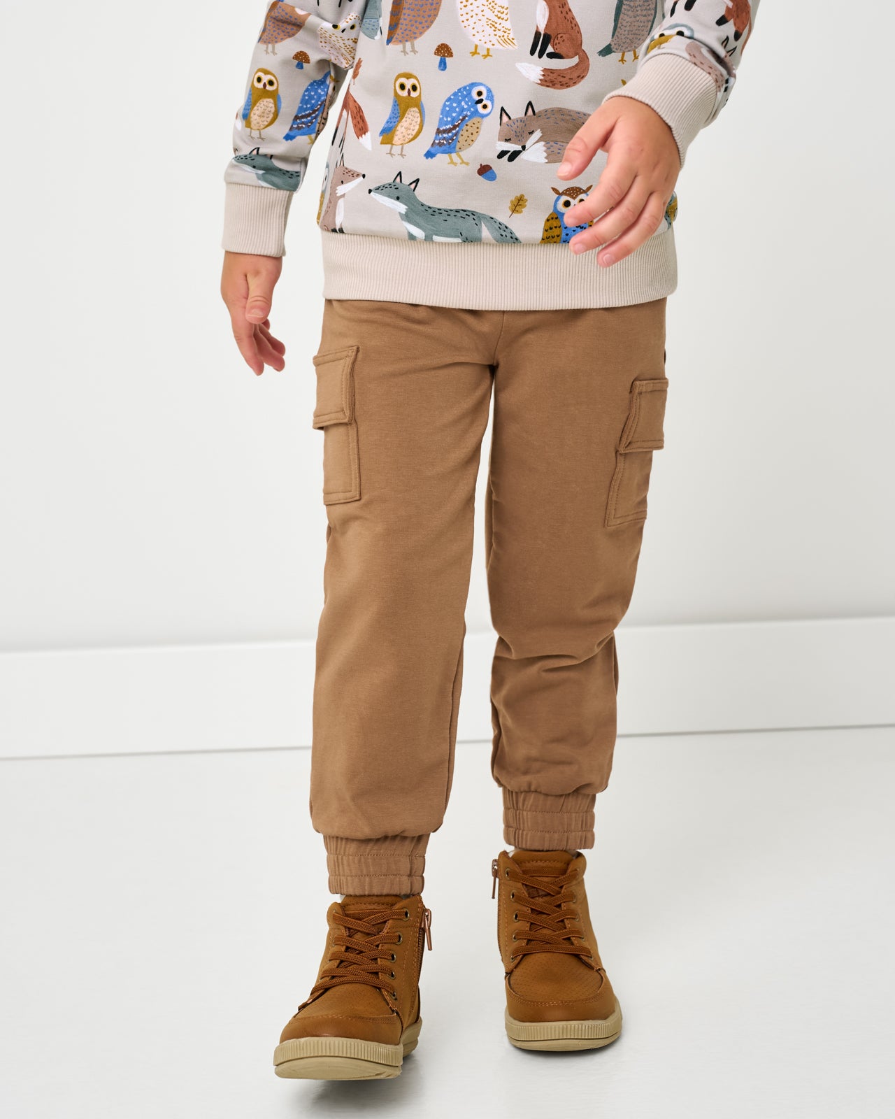 Boy wearing the Caramel Cargo Jogger