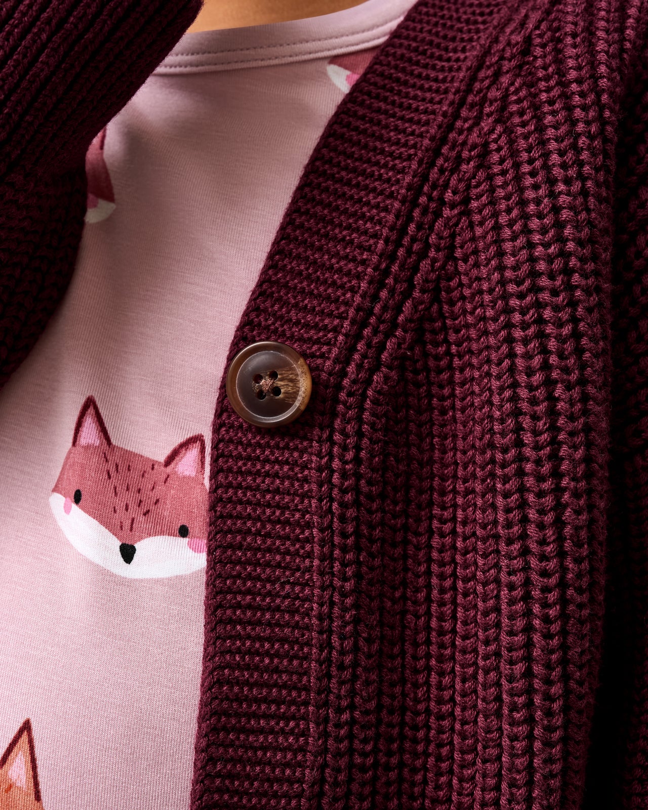 Close up of the button detail on the Classic Burgundy Cropped Sweater