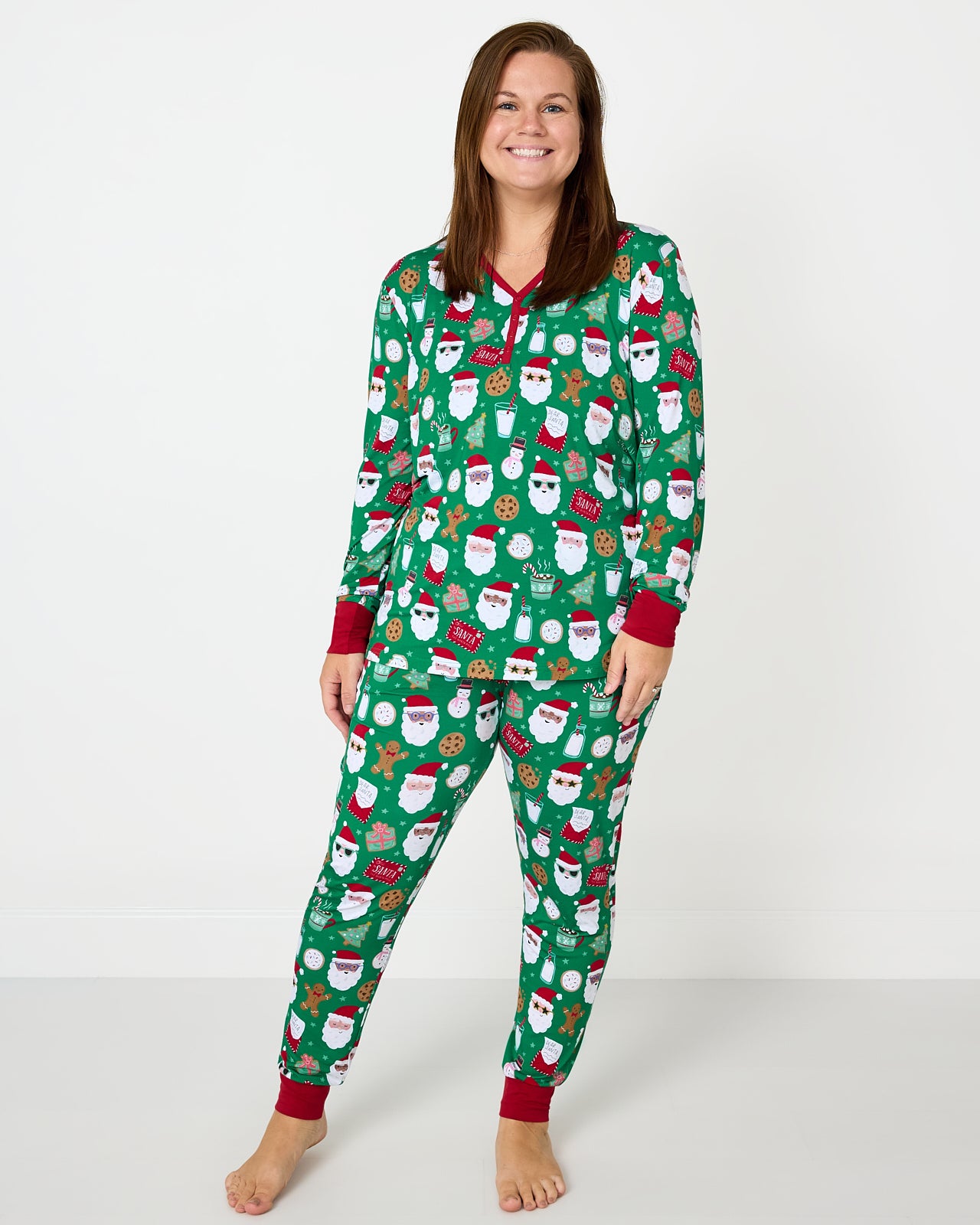 Woman wearing the Cookies for Santa Women's Pajama Pants and coordinating top