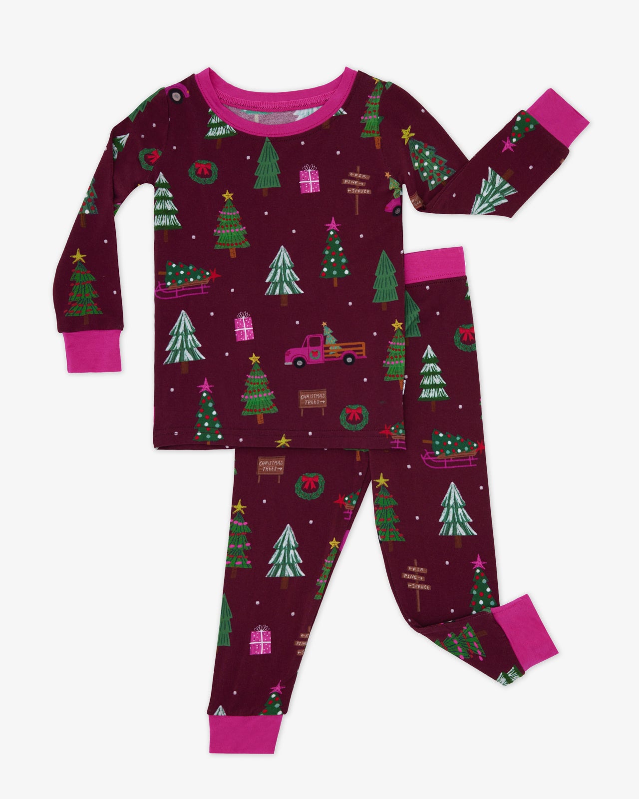 Flat lay of the Cranberry Tree Traffic Two-Piece Pajama Set