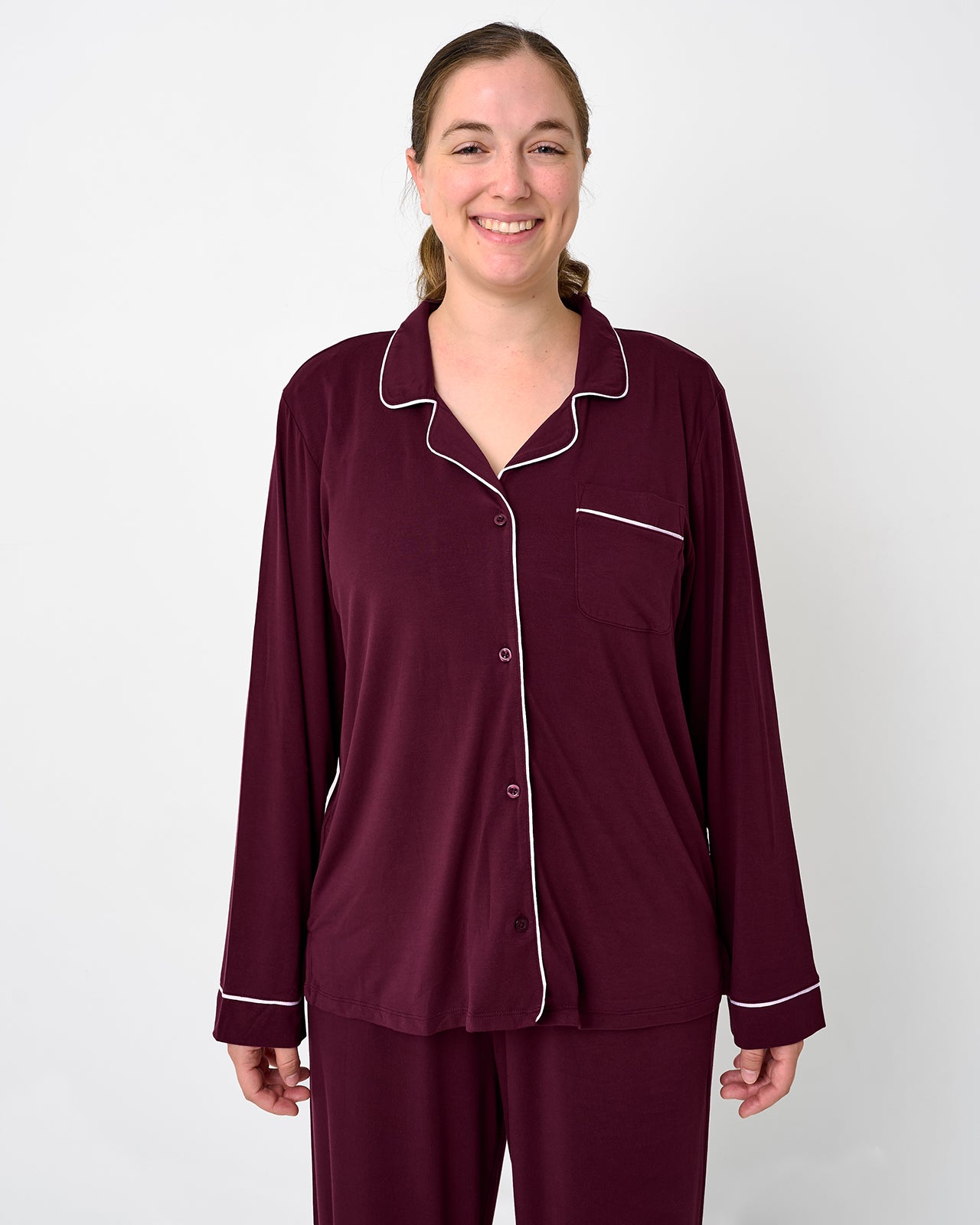 Close up of woman wearing the Classic Burgundy Women's Long Sleeve Pajama Set