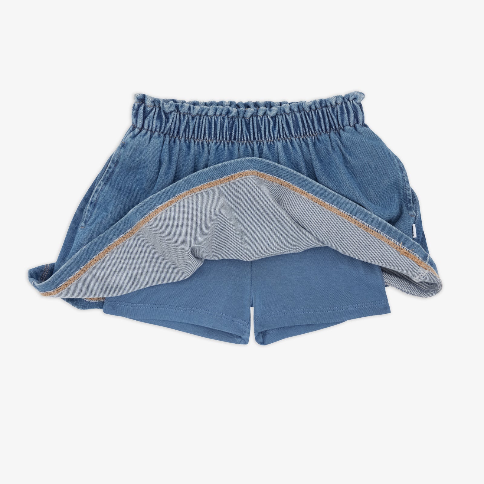 Flat lay of the Midwash Denim Skort revealing the built in shorts
