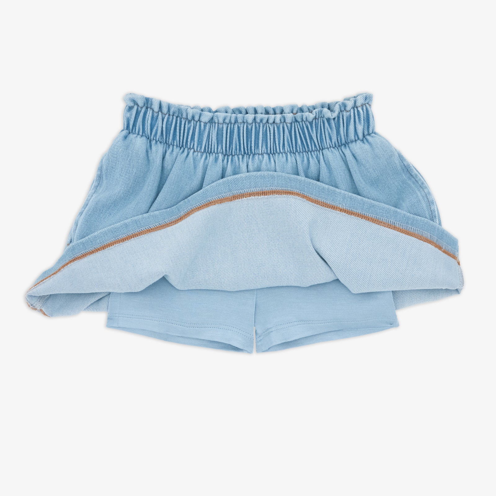 Flat lay of the Light Blue Denim Skort revealing the built in shorts