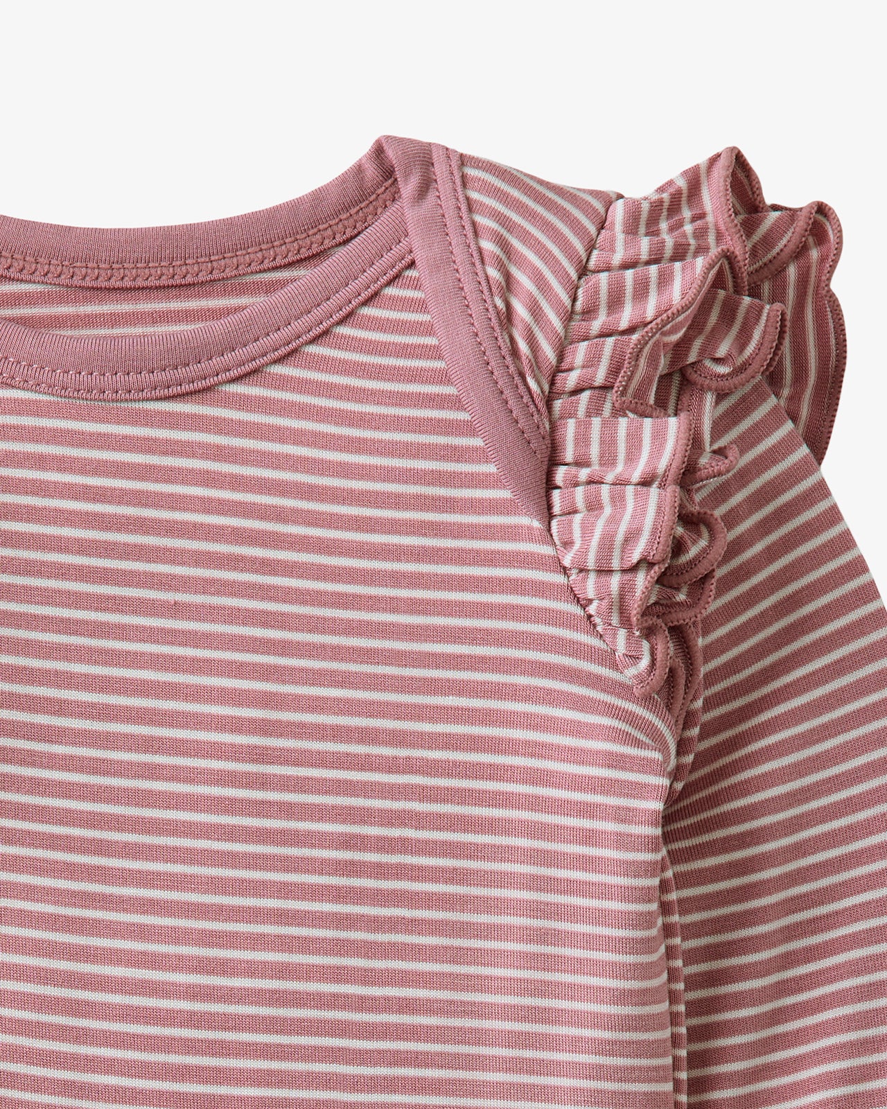 Close up of the flutter detail on the Rosewood Stripe Flutter Bodysuit