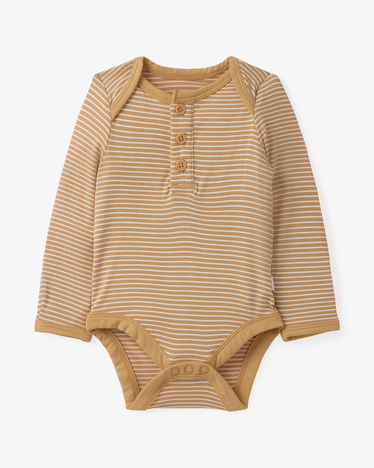 Flat lay of the Hazel Wood Stripe Henley Bodysuit