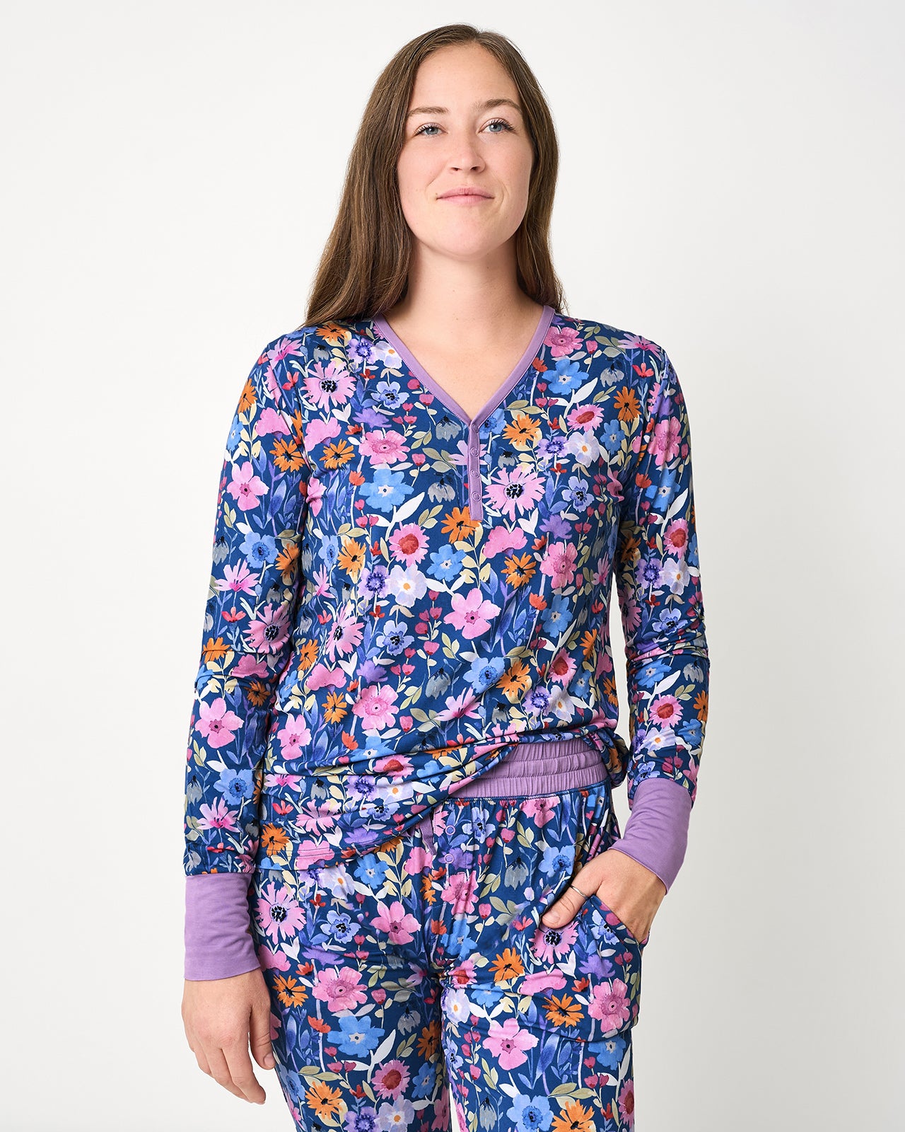 Woman wearing the Dusk Blooms Women's Pajama Top