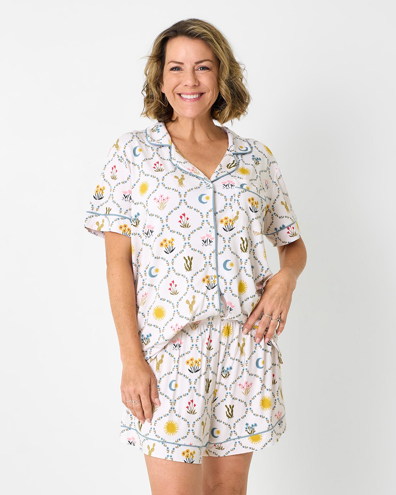 Close up of woman wearing the Desert Meadow Women's Pajama Set