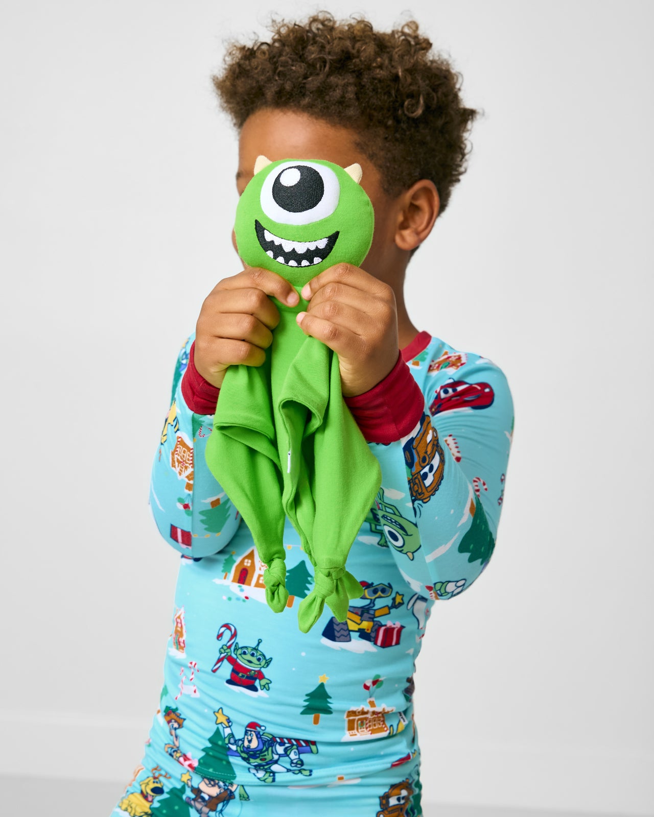 Boy holding up the Disney Monsters, Inc. Mike Wazowski Lovey