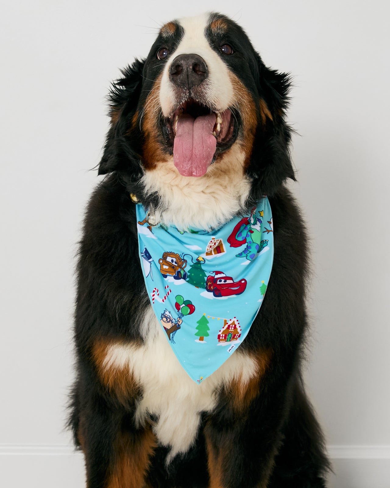 Large dog wearing the Disney & Pixar Christmas Village Pet Bandana
