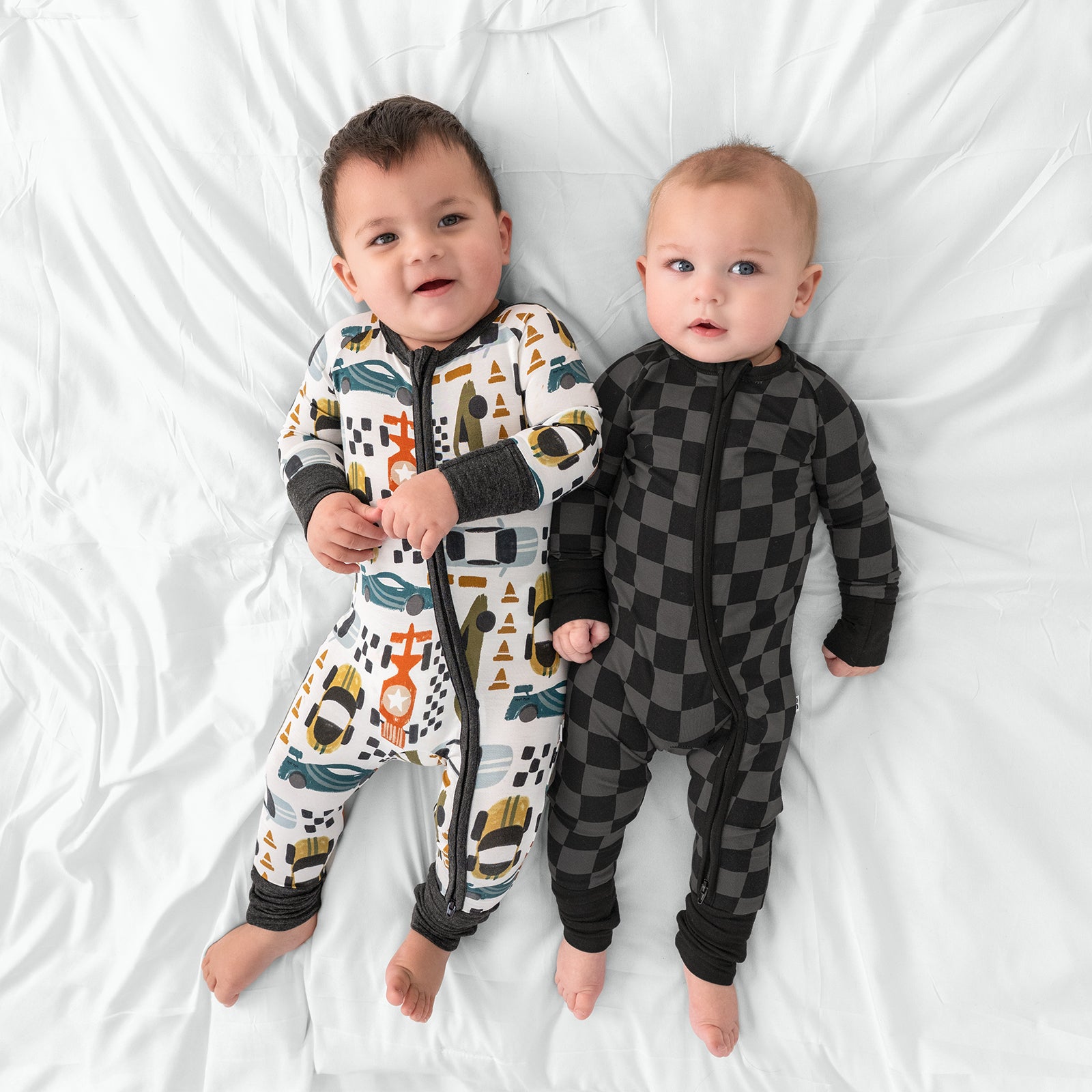 Arial view of two children wearing Fast Lane and Monochrome Checks Zippies