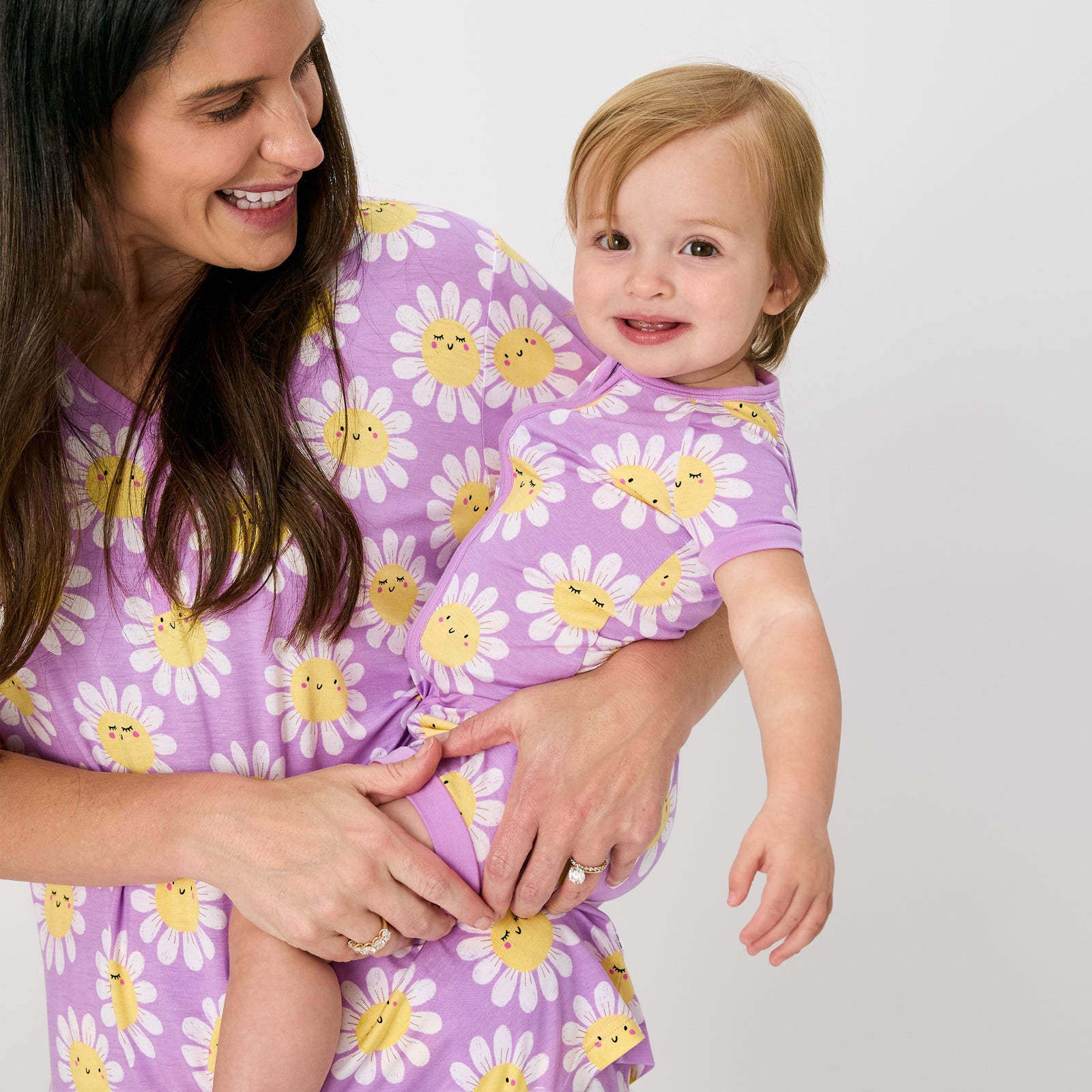 Mother and child wearing matching Flower Power pajamas