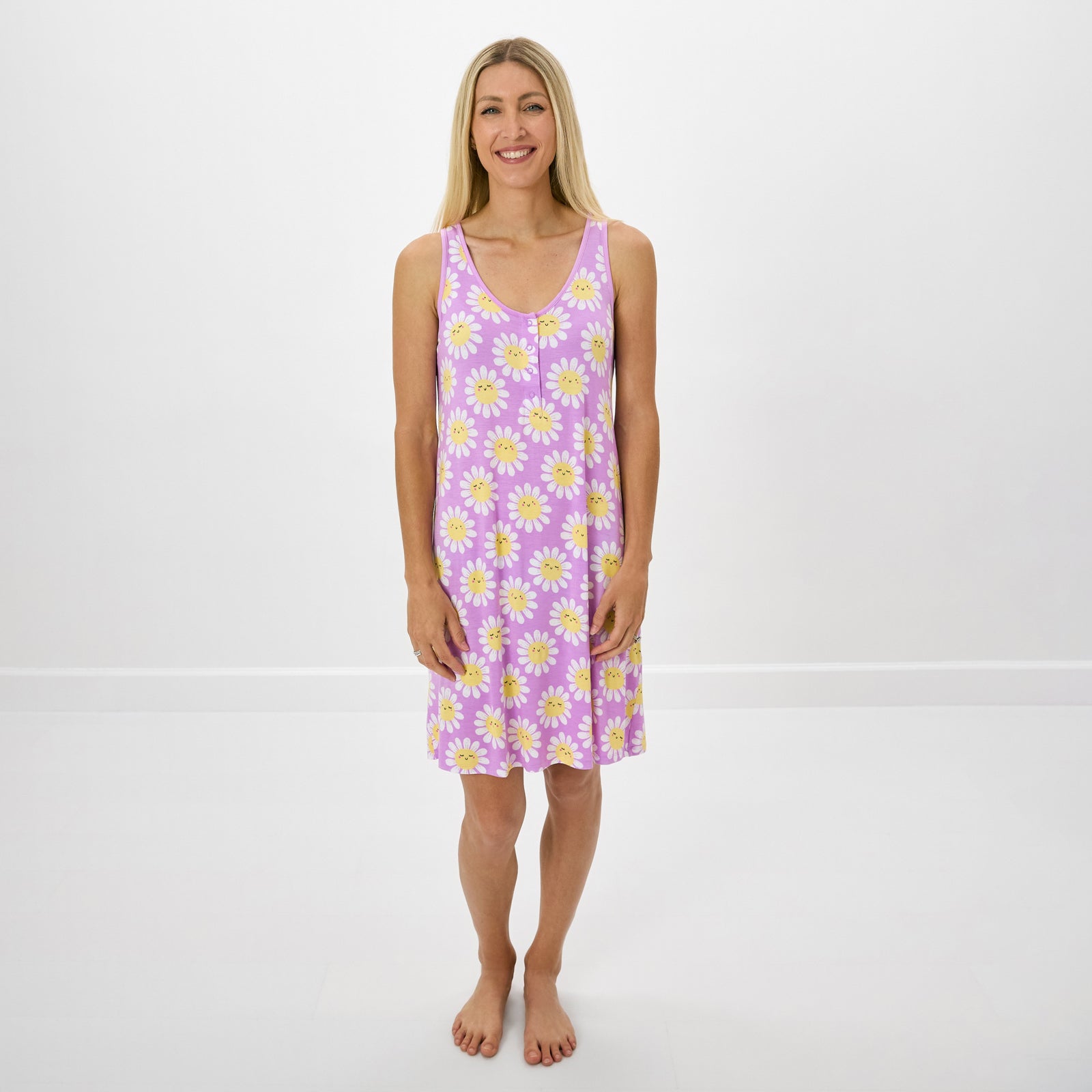 Standing woman wearing the Flower Power Women's Sleeveless Nightgown