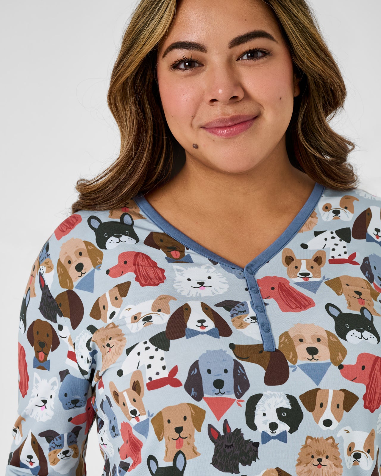 Close up of the henley button detail on the Gray Puppy Parade Women's Long Sleeve Pajama Top