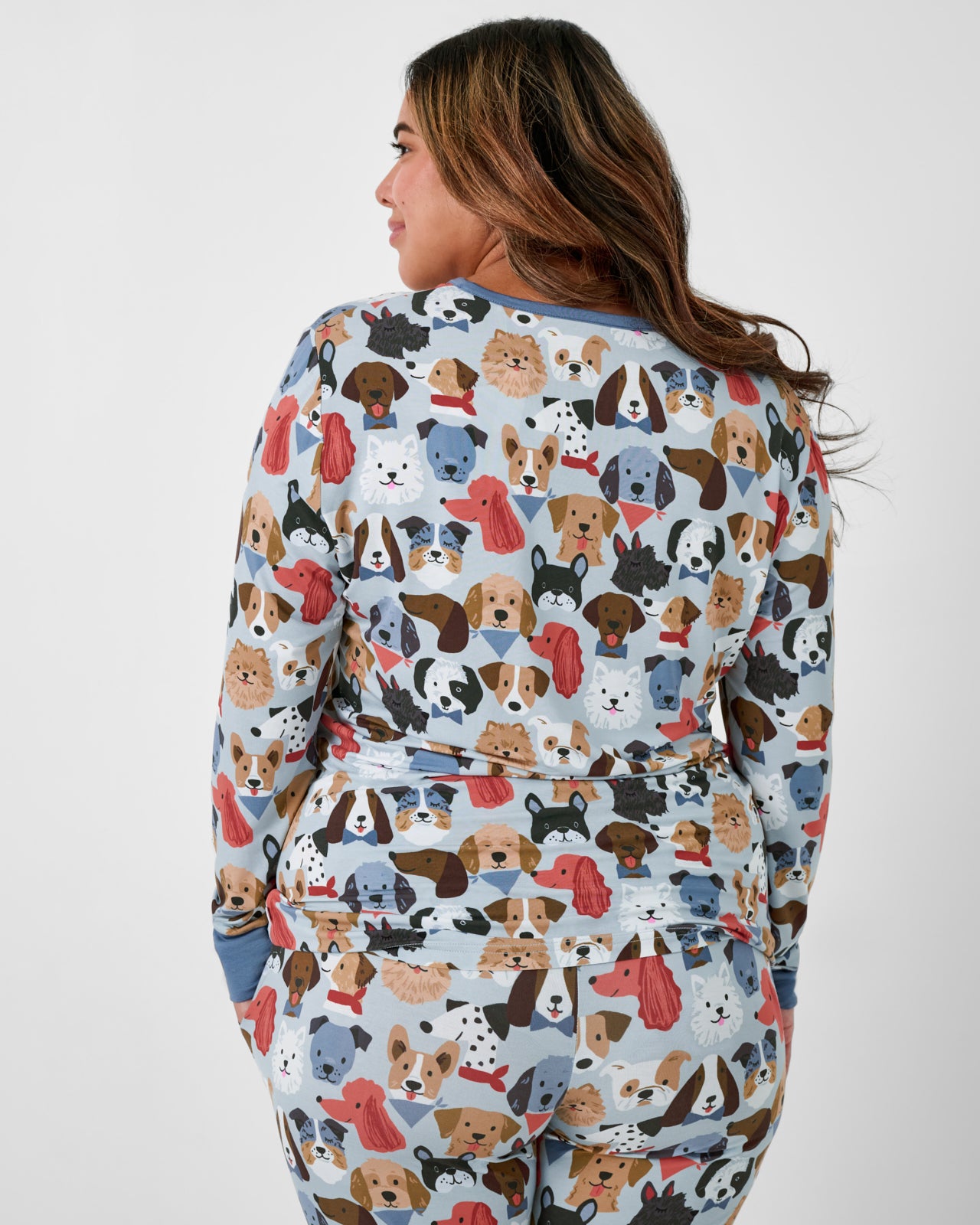 Back view of woman wearing the Gray Puppy Parade Women's Long Sleeve Pajama Top
