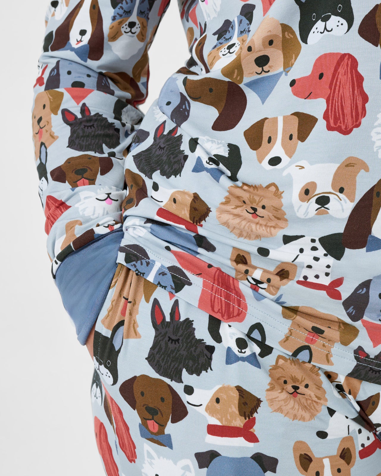 Close up of the pocket detail on the Gray Puppy Parade Women's Pajama Pants