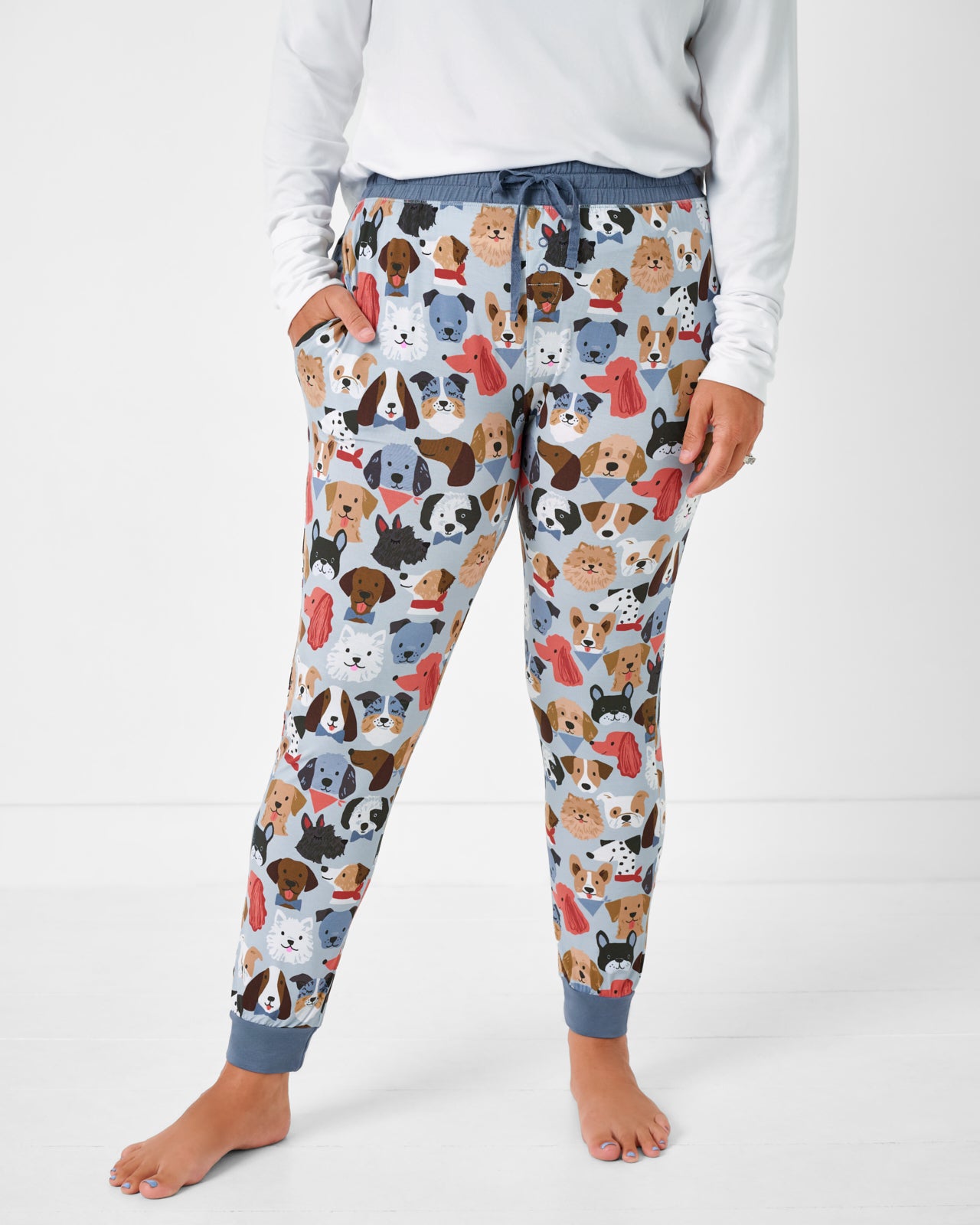 Woman wearing the Gray Puppy Parade Women's Pajama Pants