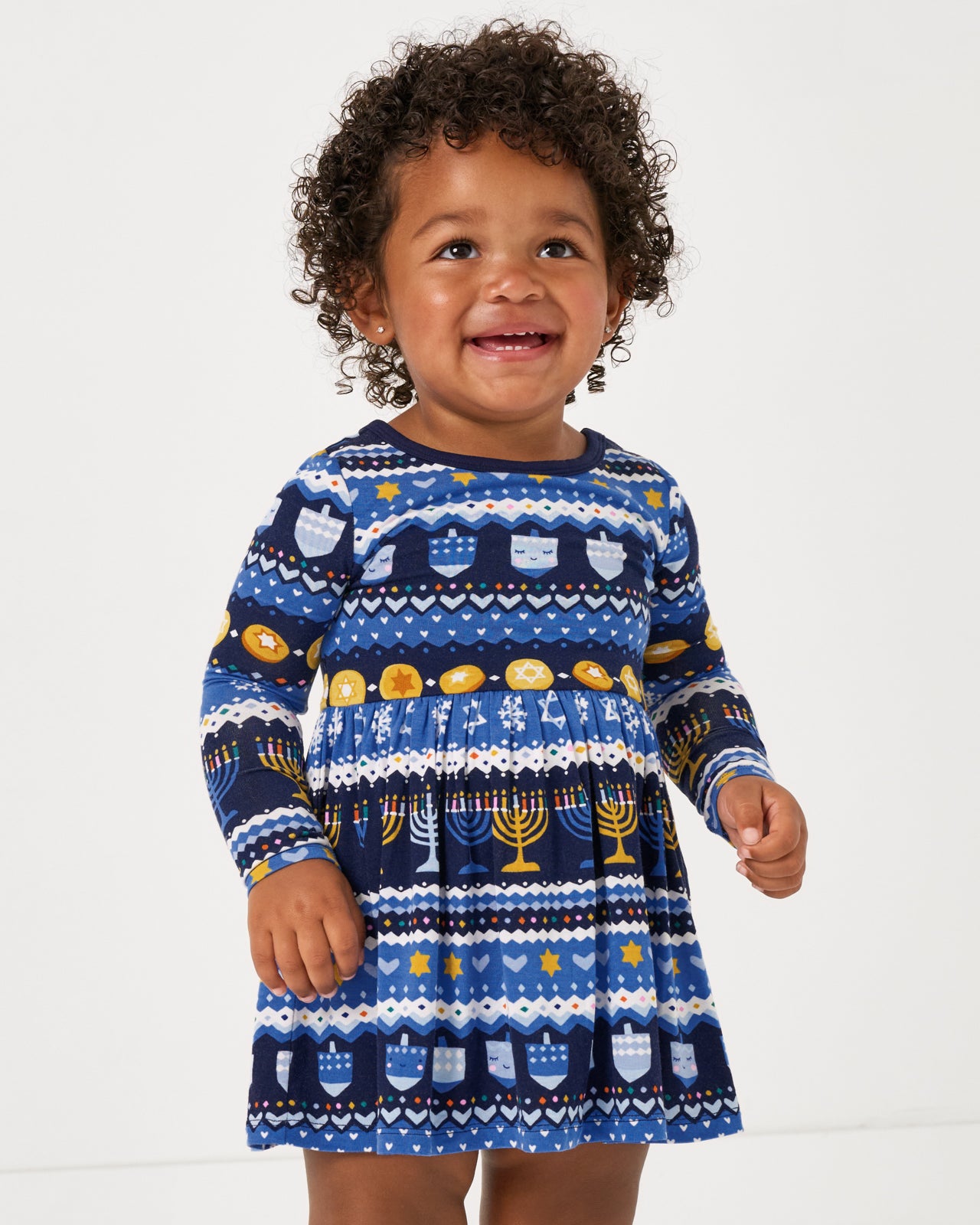 Toddler wearing the Hanukkah Fair Isle Skater Dress with Bodysuit