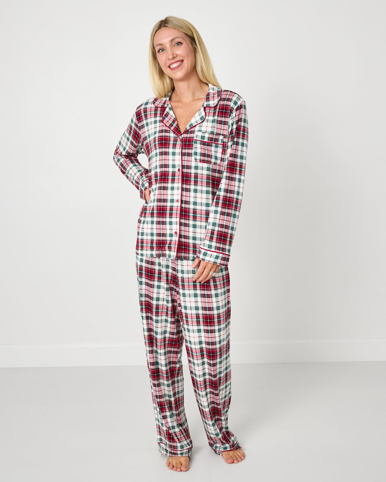 Woman wearing the Holly Plaid Women's Long Sleeve Pajama Set