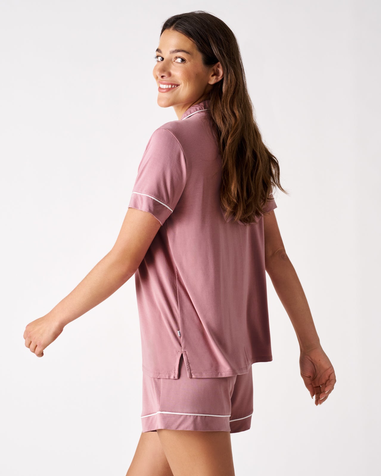 Back view of woman wearing the Rosewood Women's Short Sleeve & Shorts Pajama Set