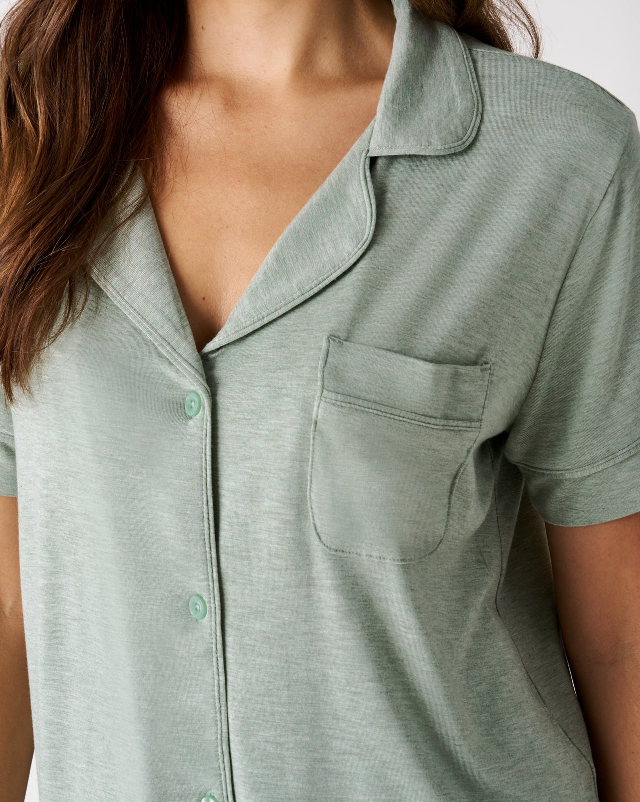Close up of the pocket detail on the Heather Sage Women's Short Sleeve Pajama Top