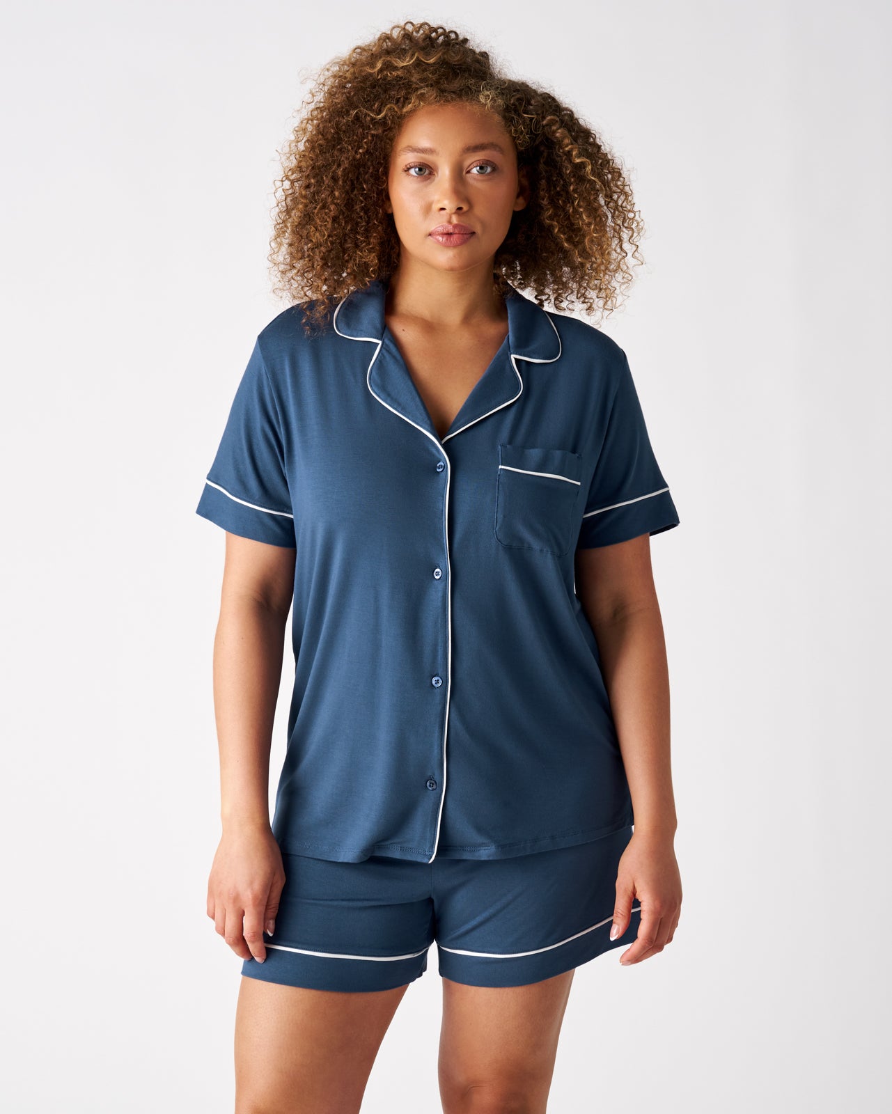 Alternate woman wearing the Indigo Women's Short Sleeve & Shorts Pajama Set