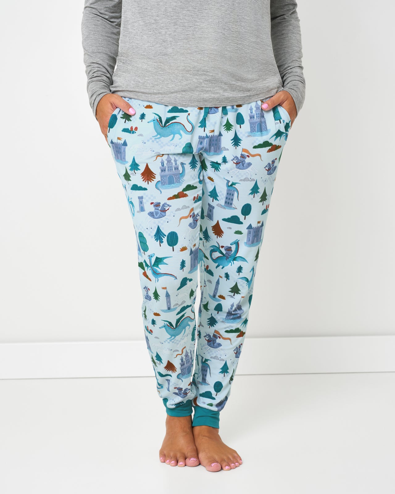 Standing woman wearing the Knight's Quest Women's Pajama Pants