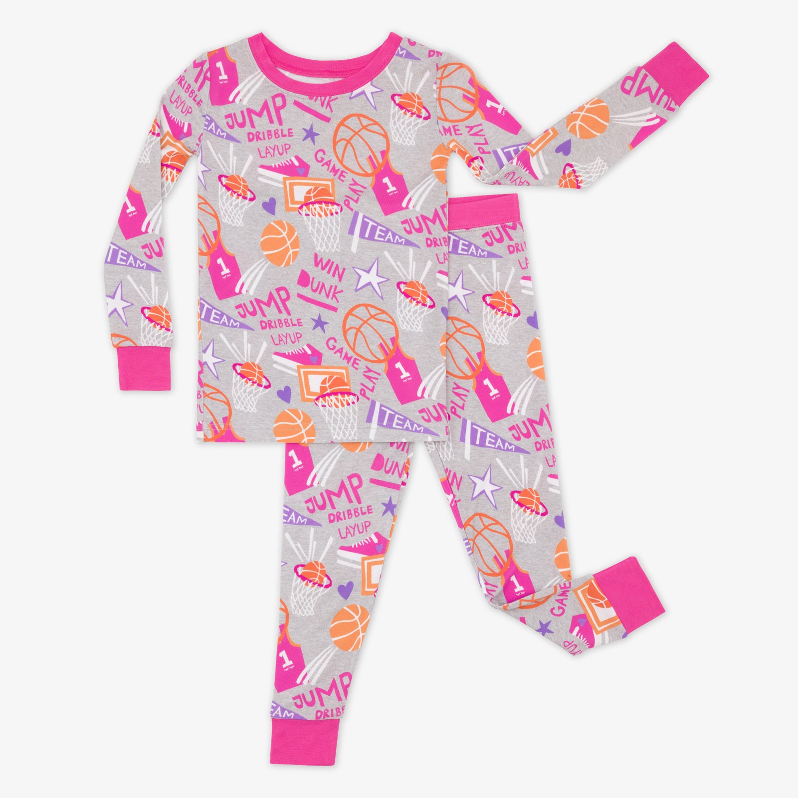 Flay lay of the Pink Slam Dunk two-piece pajama set