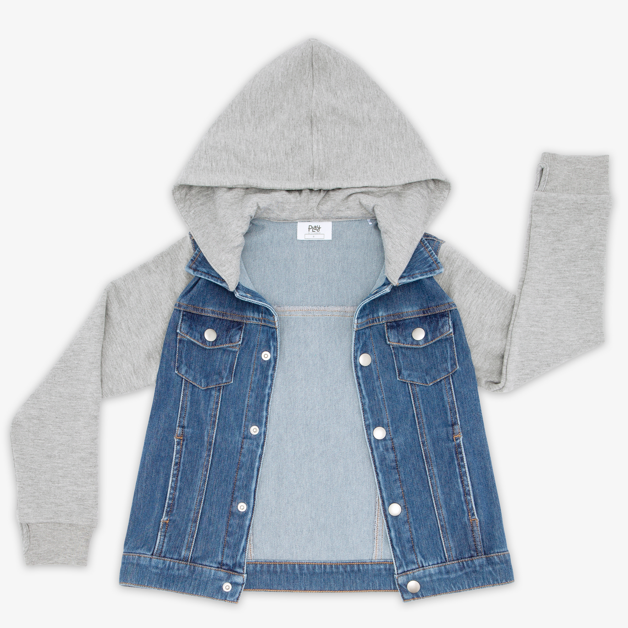 Alternative flat lay image of unbuttoned Midwash Blue/Gray Denim Jacket