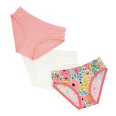 Flat lay image of three pairs of girls brief underwear. Solid pink, Solid white, and a Secret Garden printed pair.