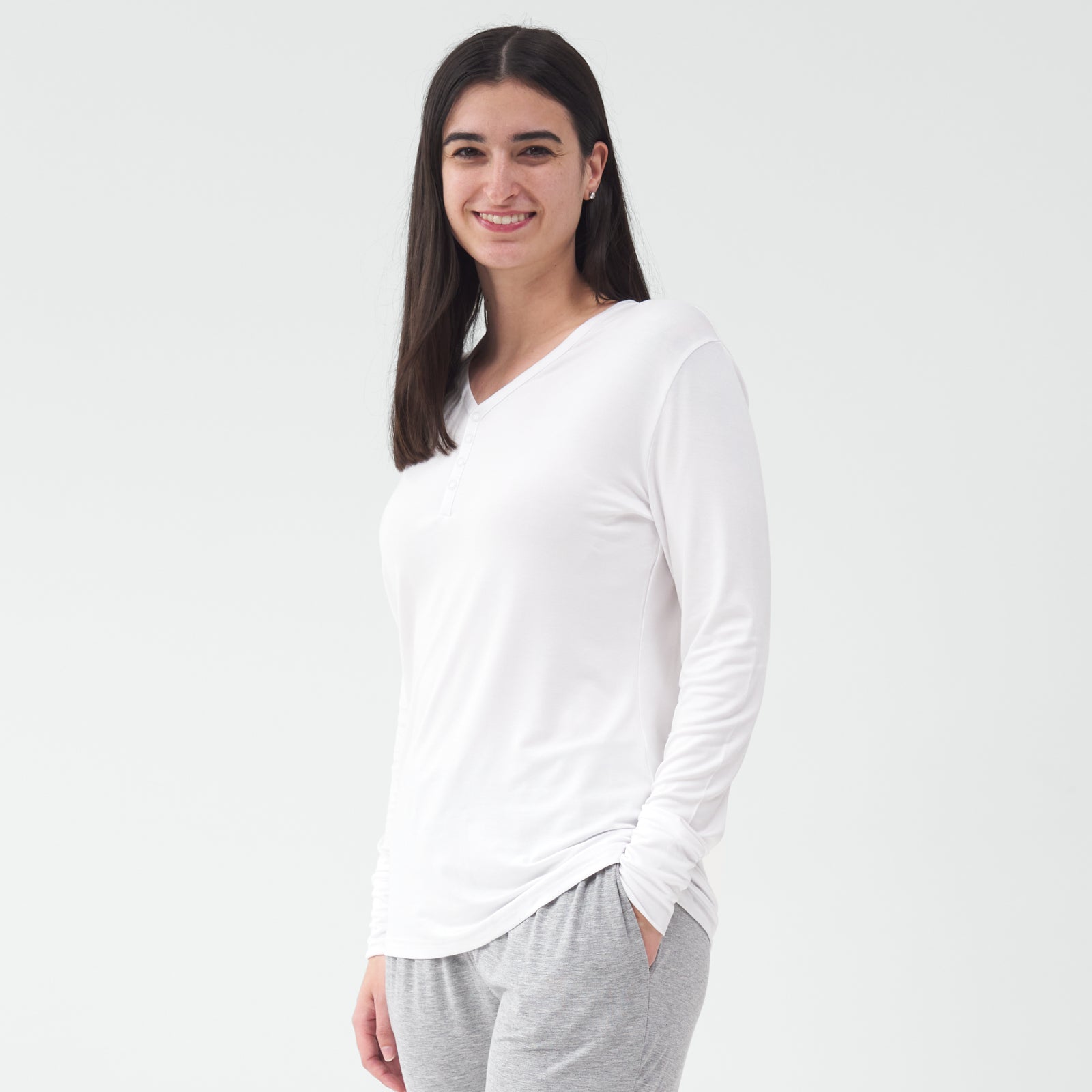 Standing woman wearing the Bright White Women's Pajama Top