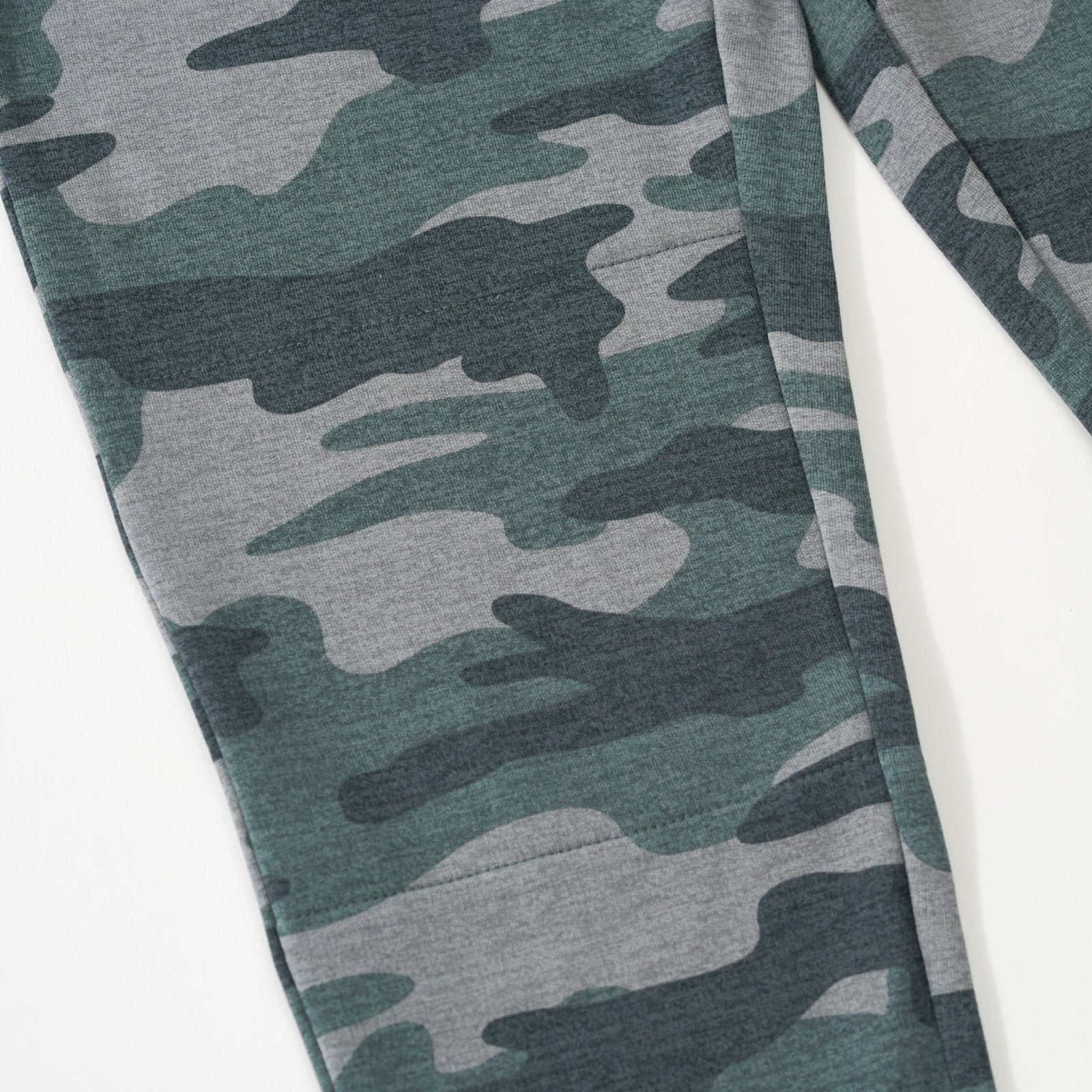 Close up flat lay of the knee detail on the Vintage Camo Jogger