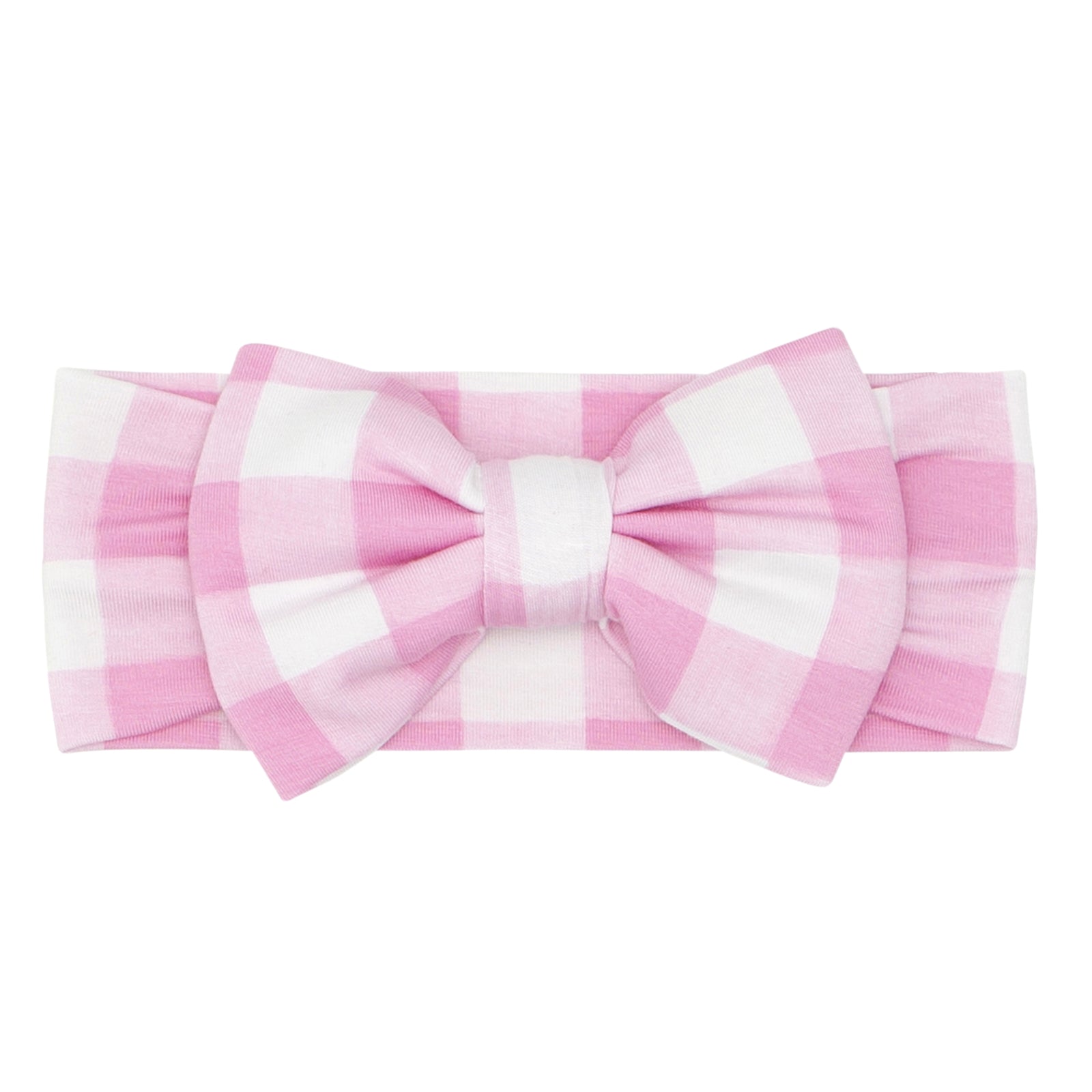 Flat lay image of a pink gingham luxe bow headband in size newborn to age four