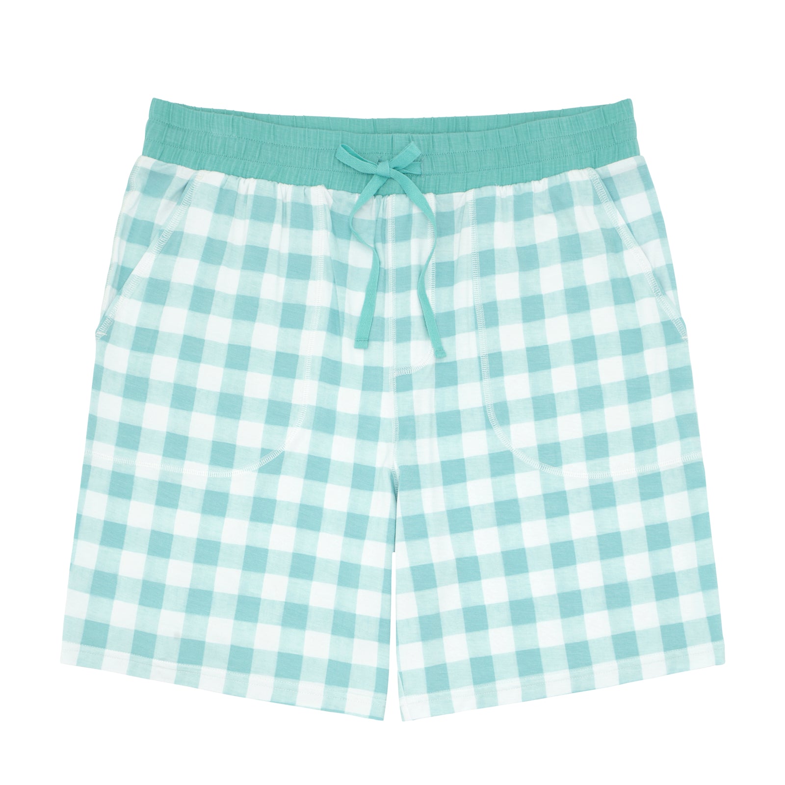 Flat lay image of men's Aqua Gingham pajama shorts