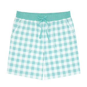 Flat lay image of men's Aqua Gingham pajama shorts