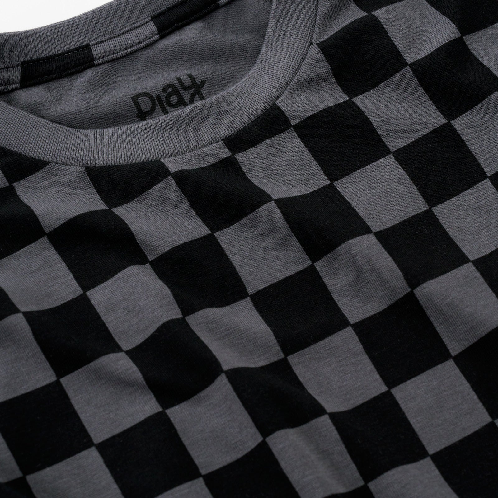 Close up of the collar detail on the Monochrome Checks Relaxed Tee