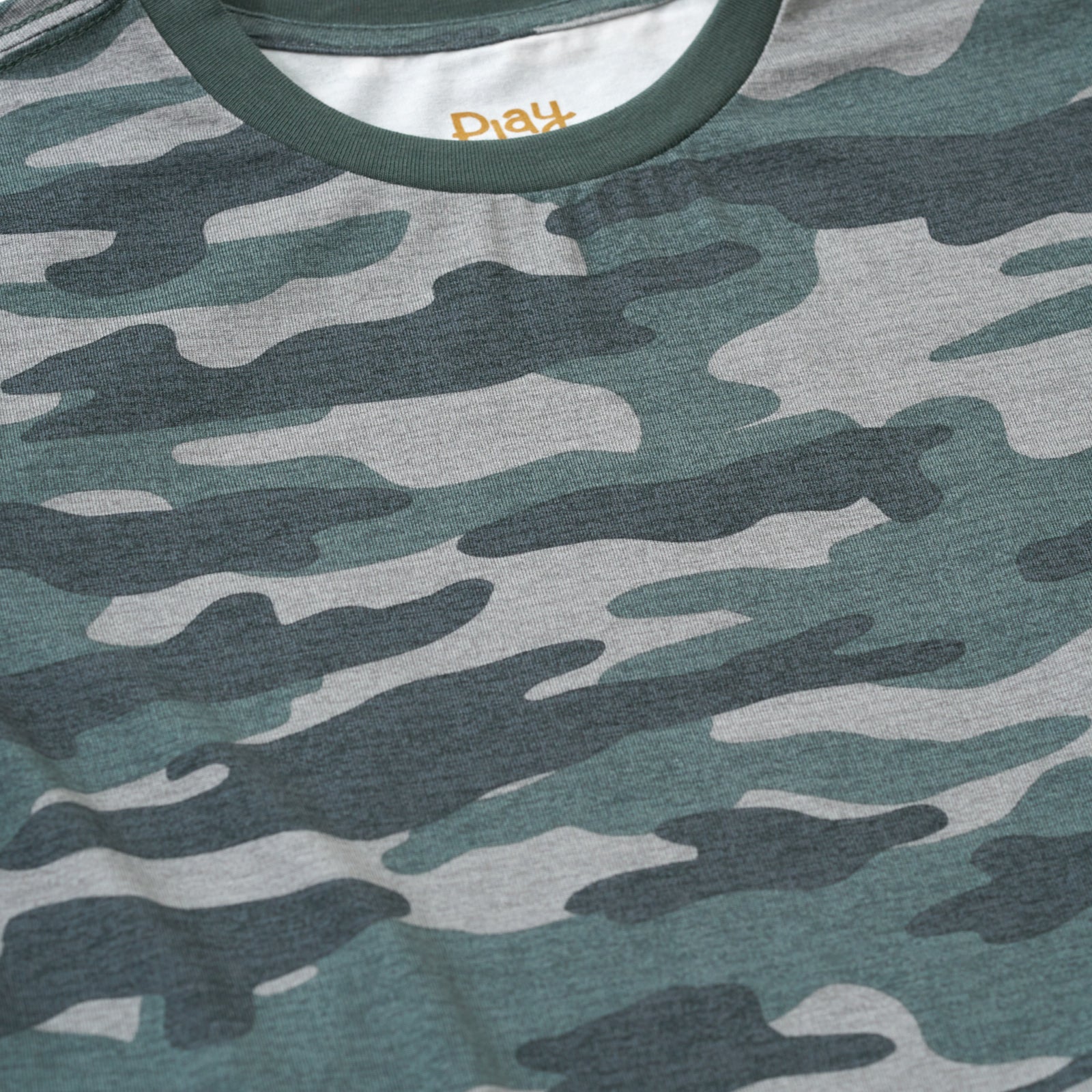 Close up of the collar detail on the Vintage Camo Relaxed Tee