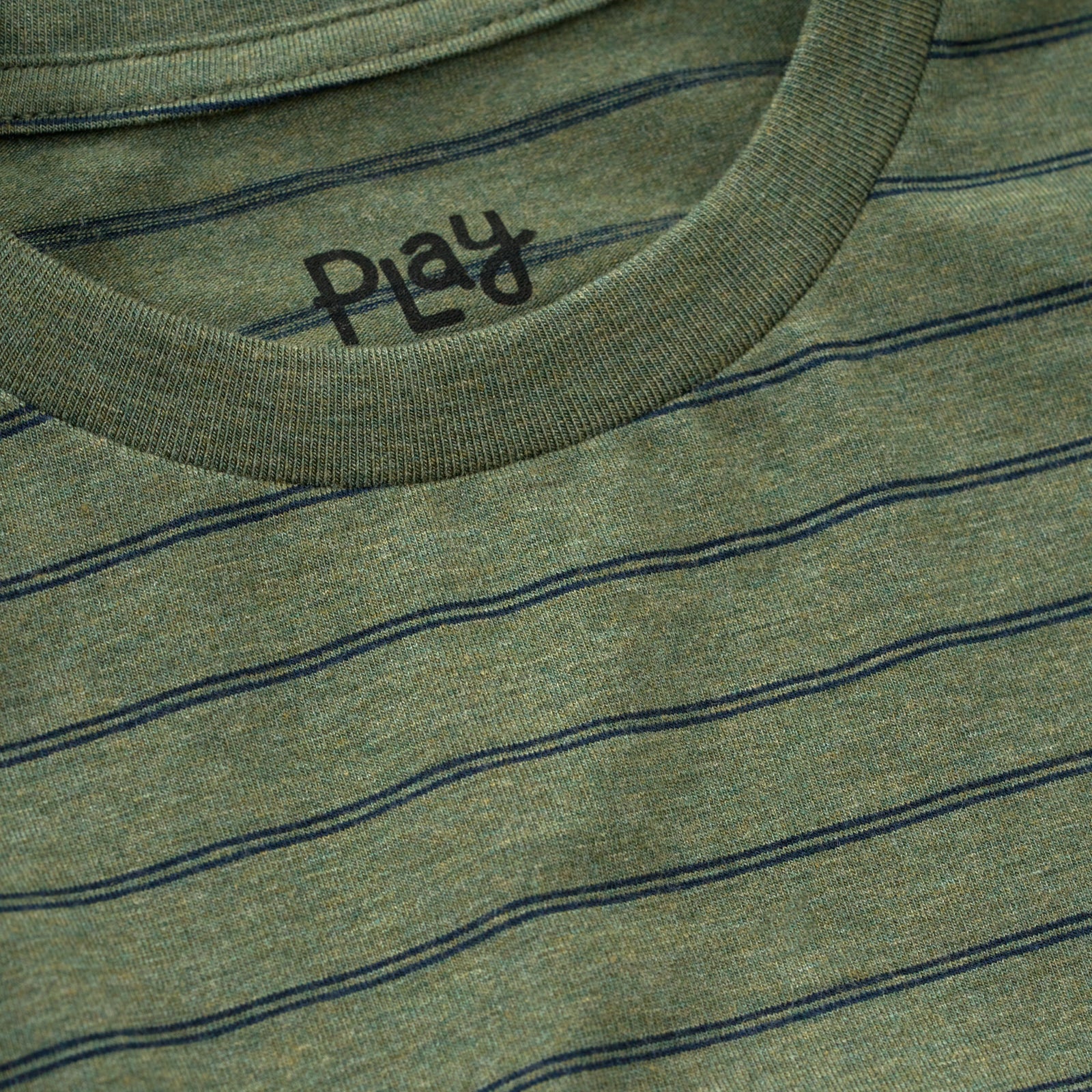 Close up of the collar on the Olive Stripes Relaxed Tee