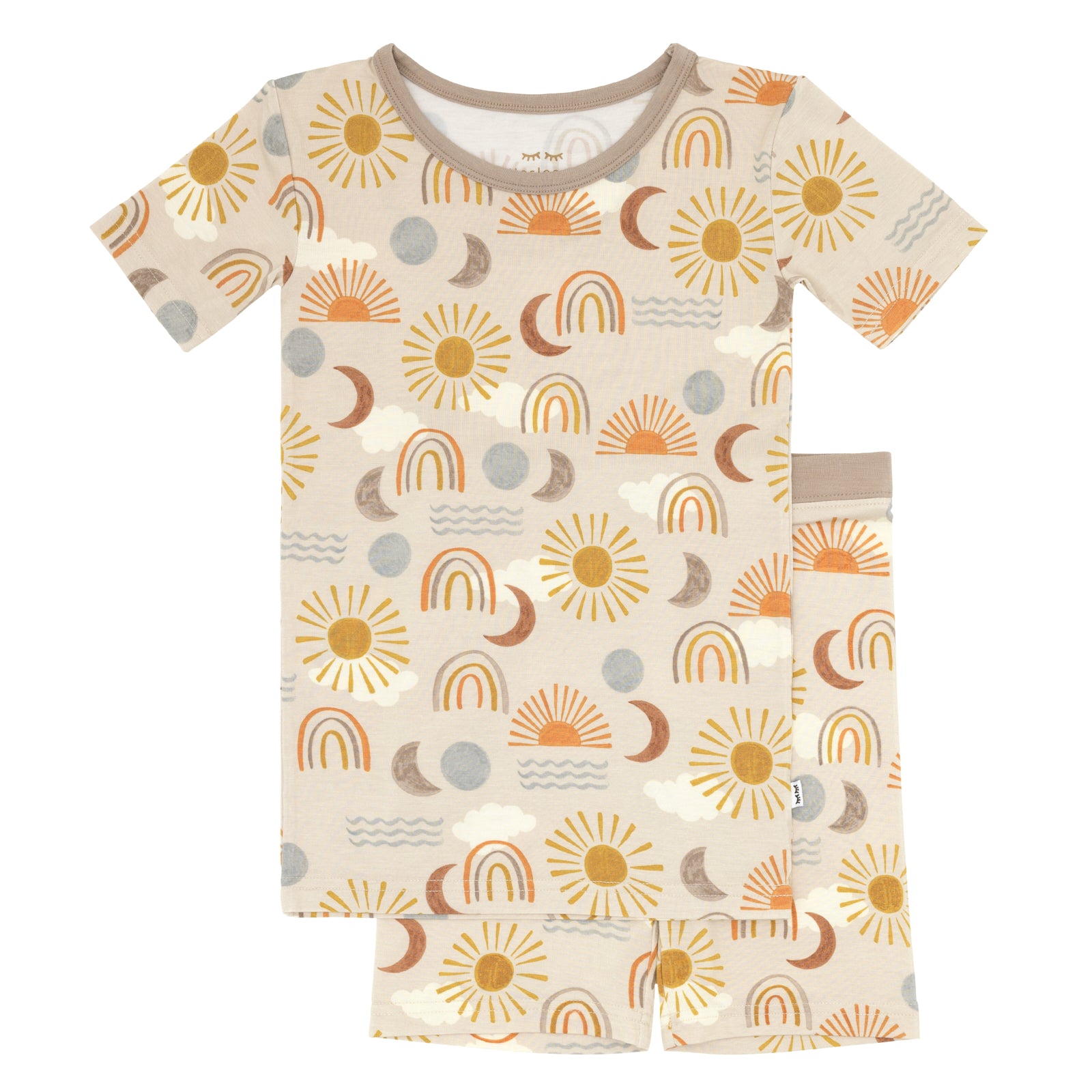 Flat lay image of a Desert Sunrise two piece short sleeve and shorts pajama set