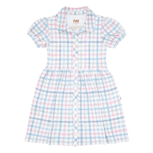 Flat lay image of a Playful Plaid puff sleeve button down dress