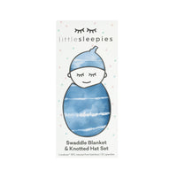 Blue Tie Dye Dreams swaddle & hat set in Little Sleepies peek-a-boo packaging