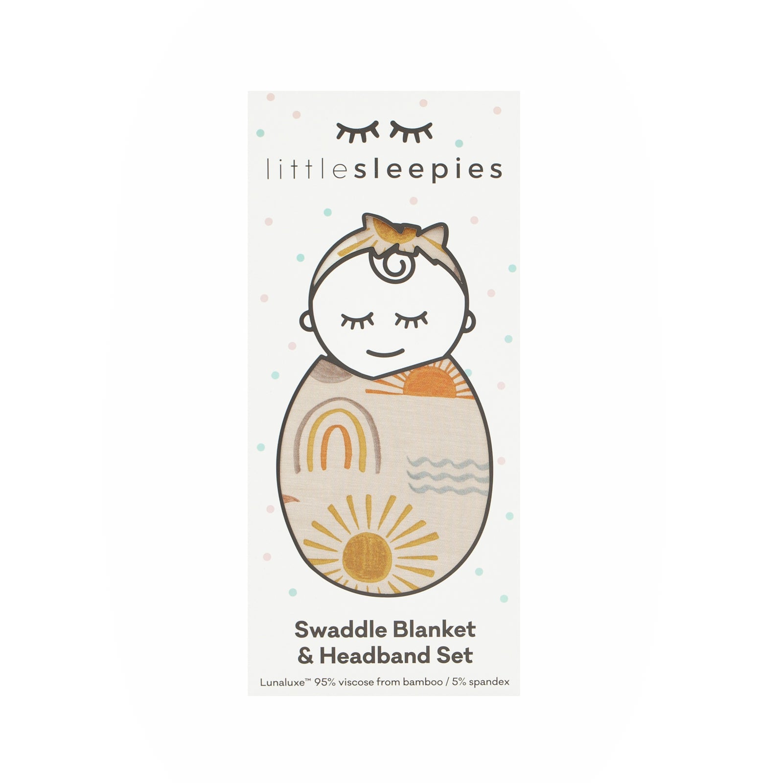 Desert Sunrise swaddle & luxe bow headband set in Little Sleepies peek a boo packaging